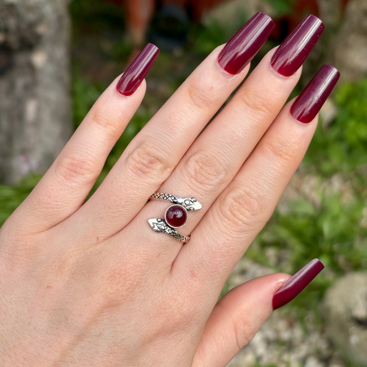 Red Garnet 925 Silver Snake Ring (SIZE N/O) - Dark Femme Collection