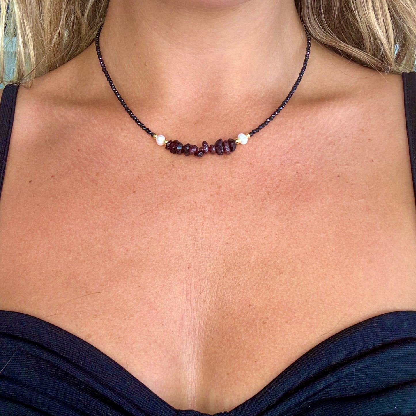 Black Tourmaline and Red Garnet Choker Necklace