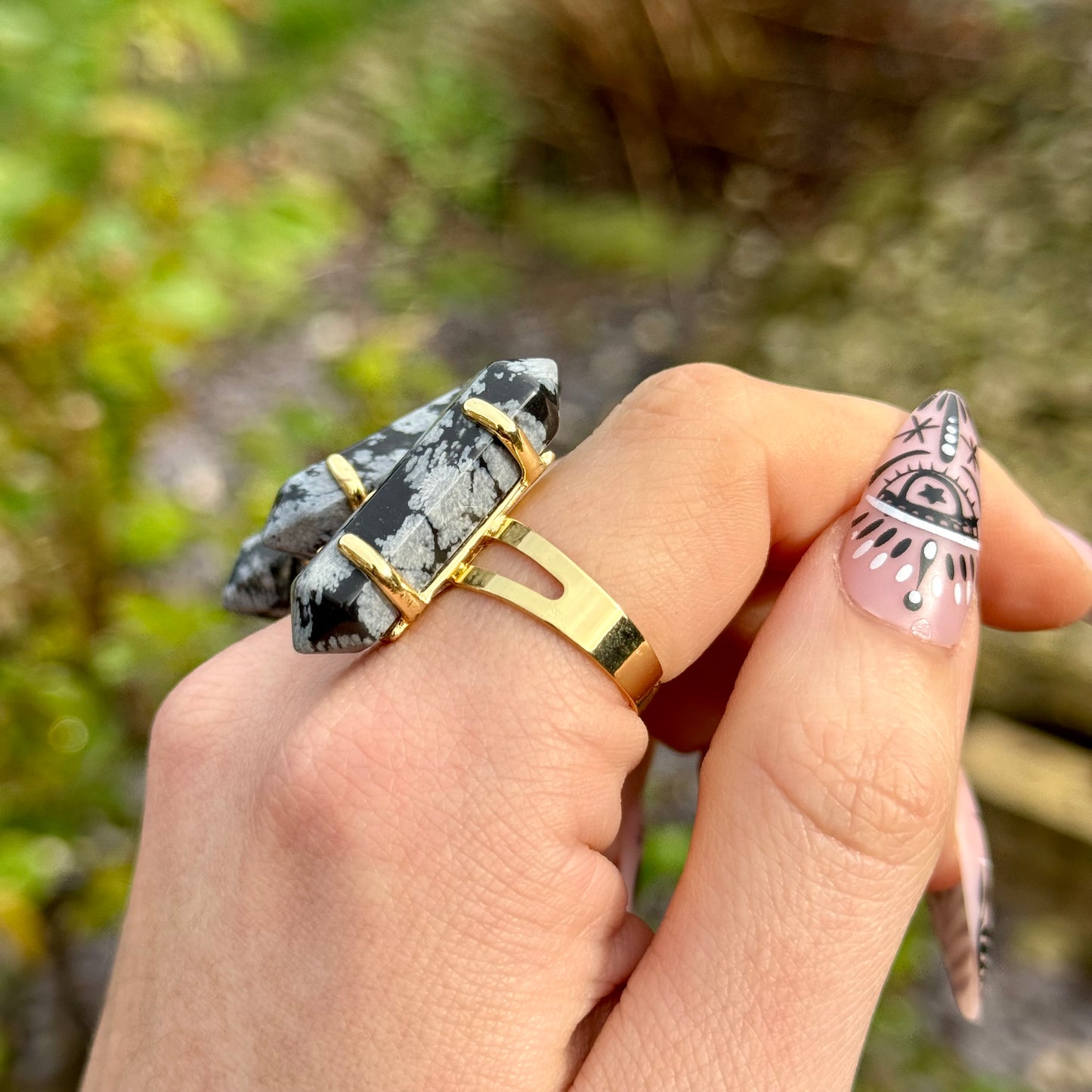 Snowflake Obsidian Double Terminated Gold Plated Ring