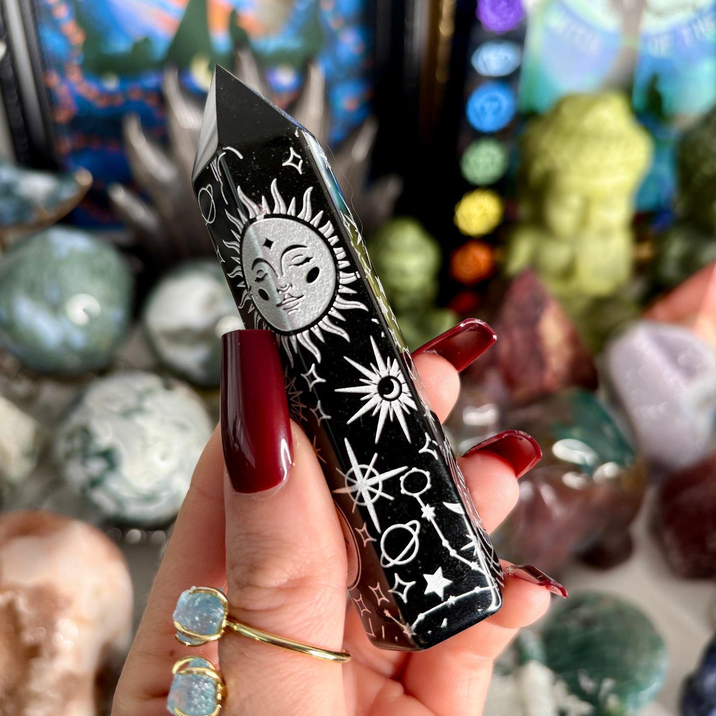 Black Obsidian Celestial Engraved Towers 10cm