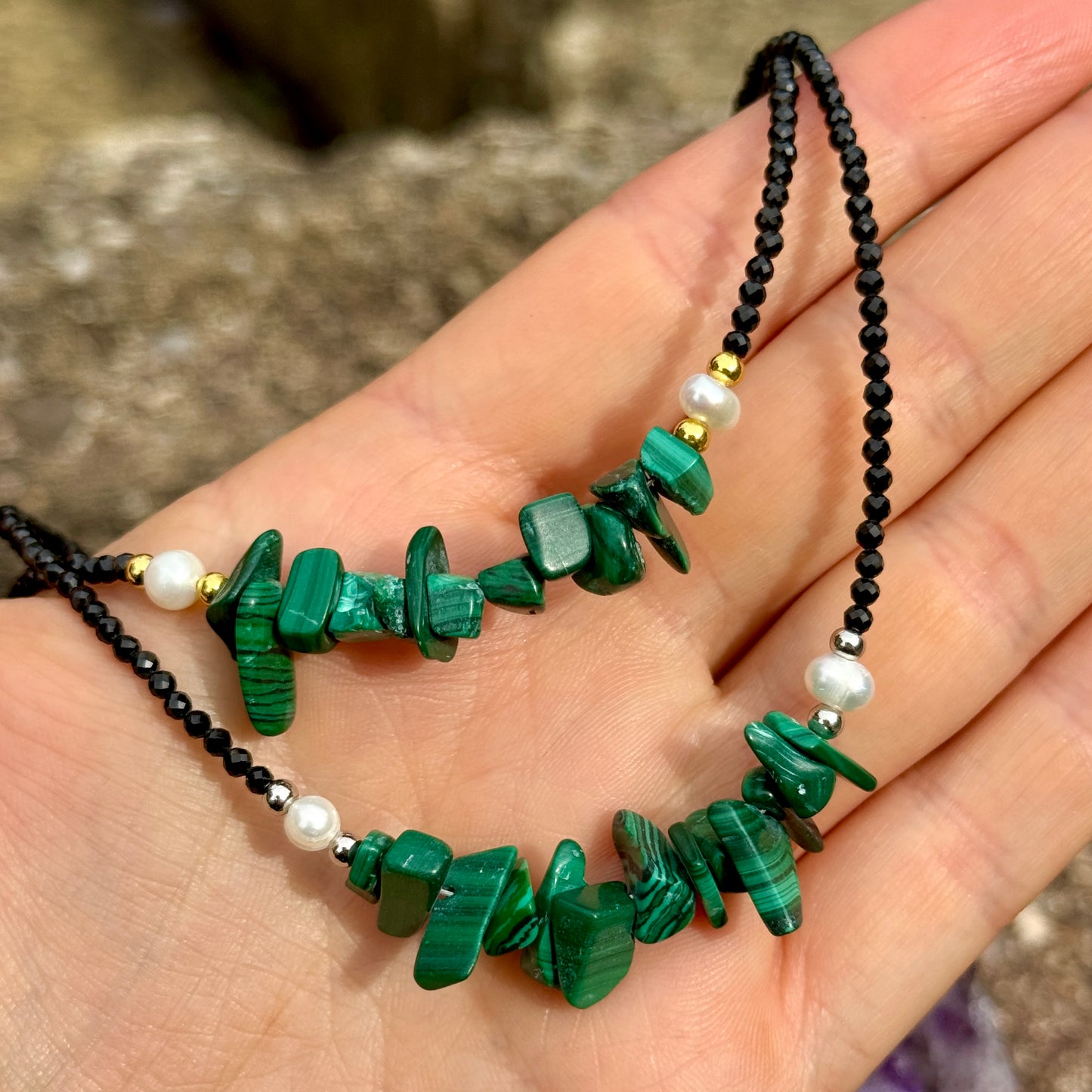 Black Tourmaline and Malachite Choker Necklace