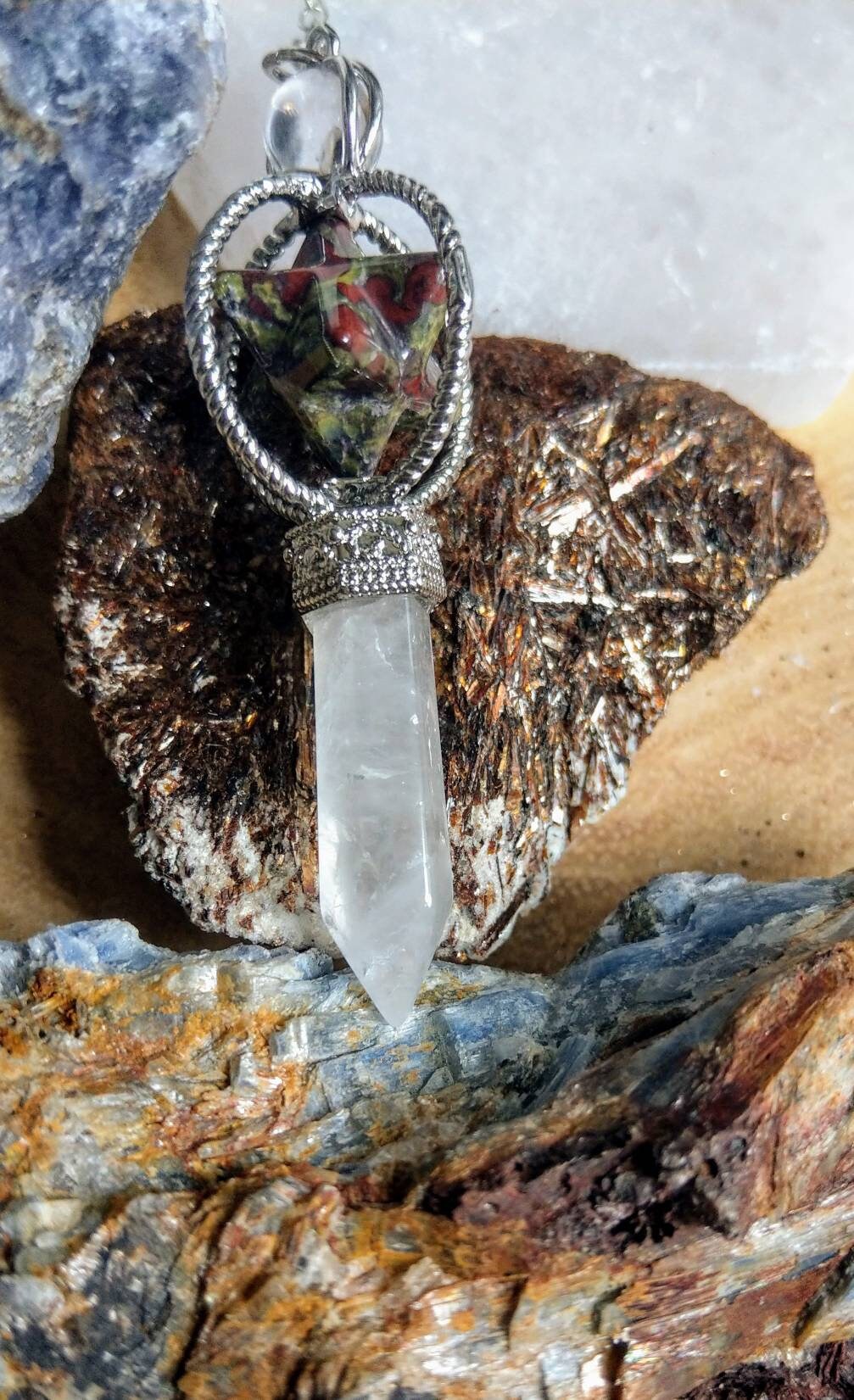 Dragons Blood Jasper Star and Clear Quartz Point Pendulum - Courage, Vitality, Personal Power