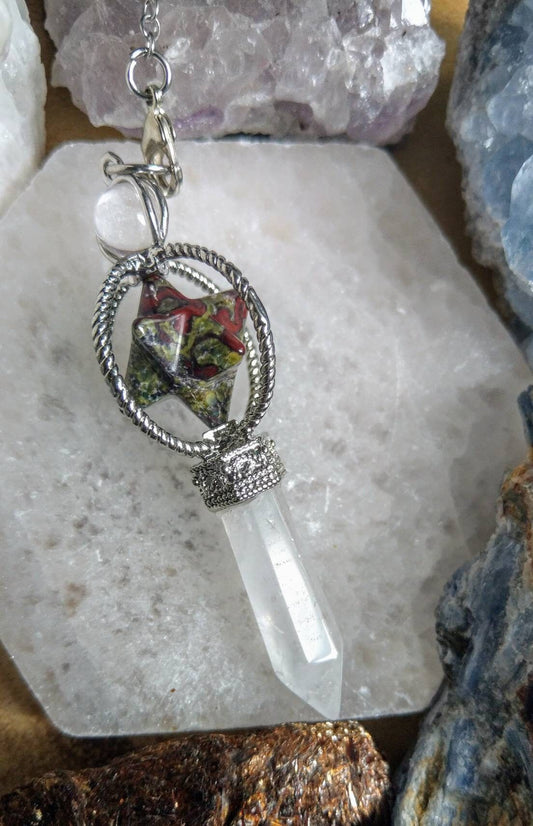 Dragons Blood Jasper Star and Clear Quartz Point Pendulum - Courage, Vitality, Personal Power