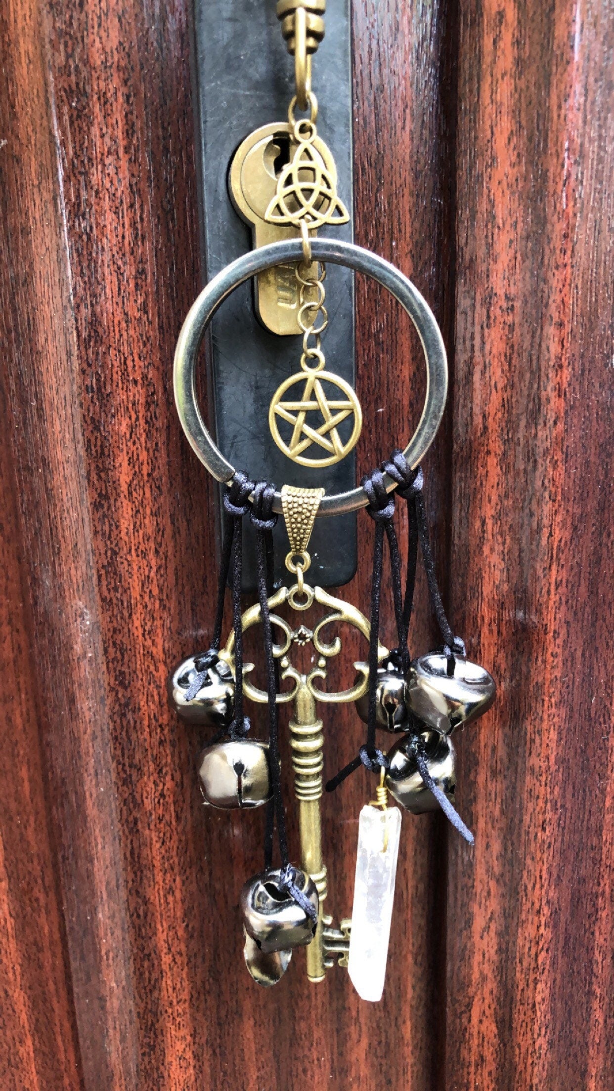 Witches Bells with Key and Angel Aura quartz or rainbow aura Point for protection Good Luck, Banish Negativity, Pagan, Wiccan