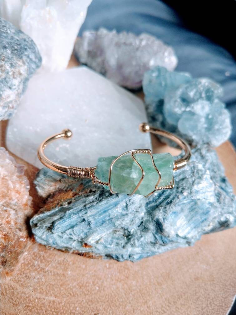 fluorite wire wrapped raw stone cuff bracelet crystal healing gift for her gemstone bangle for women witchy jewellery
