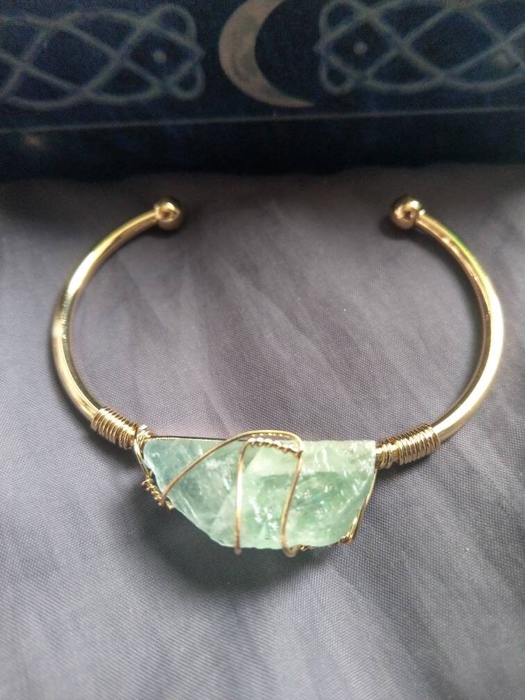 fluorite wire wrapped raw stone cuff bracelet crystal healing gift for her gemstone bangle for women witchy jewellery