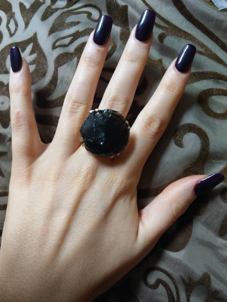 Black obsidian adjustable ring raw Stone  Courage, Strength, Protection, Grief, Truth