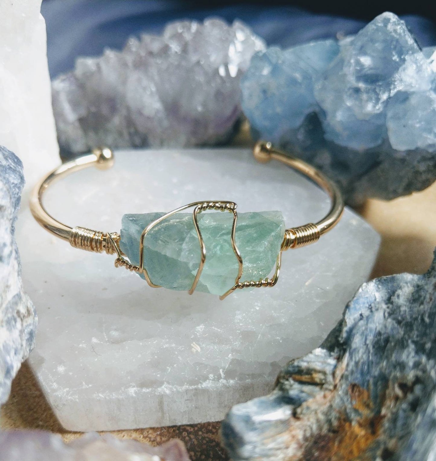 fluorite wire wrapped raw stone cuff bracelet crystal healing gift for her gemstone bangle for women witchy jewellery