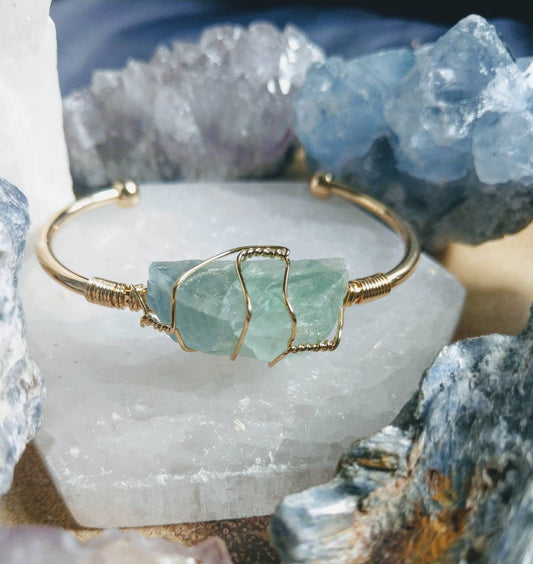 fluorite wire wrapped raw stone cuff bracelet crystal healing gift for her gemstone bangle for women witchy jewellery
