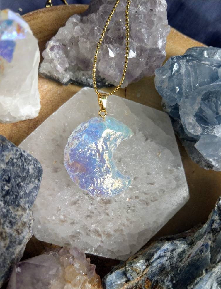 Angel Aura Quarter moon Raw pendant necklace celestial jewelry - Master Healer, Amplifier, Creativity, Attunement, Romance