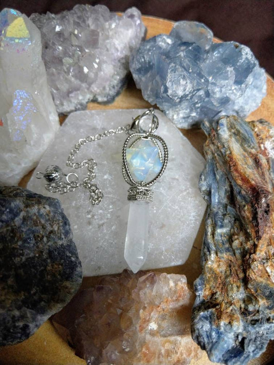 Opalite merkaba Star and Clear Quartz Crystal Healing Point Dowsing Pendulum