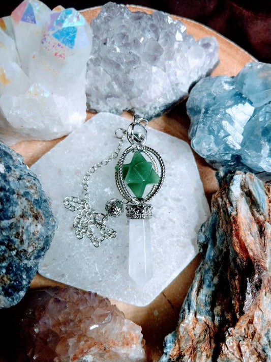 Green aventurine merkaba Star and Clear Quartz point pendulum fortune telling, dowsing crystal.