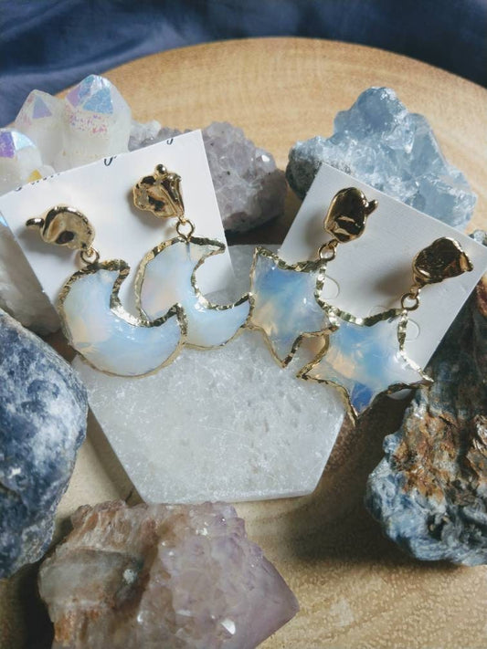 Opalite earrings celestial dangle moon or star crystal healing witchy jewellery