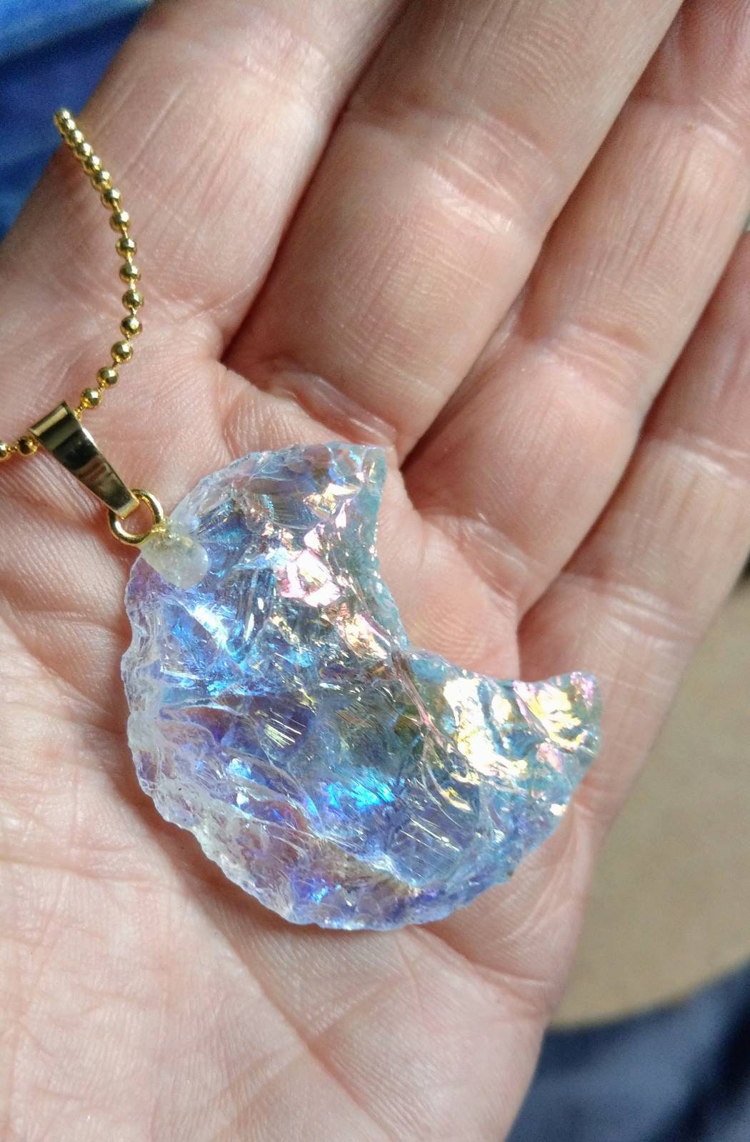 Angel Aura Quarter moon Raw pendant necklace celestial jewelry - Master Healer, Amplifier, Creativity, Attunement, Romance