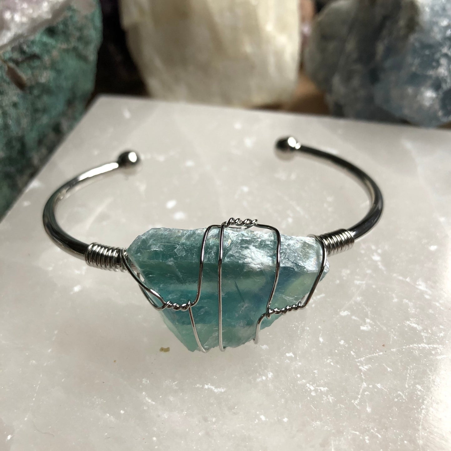 fluorite wire wrapped raw stone cuff bracelet crystal healing gift for her gemstone bangle for women witchy jewellery