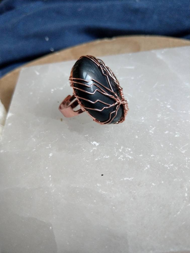 Black Obsidian adjustable ring tree of life rose gold, crystal healing witchy jewely Courage, Strength, Protection, Grief, Truth