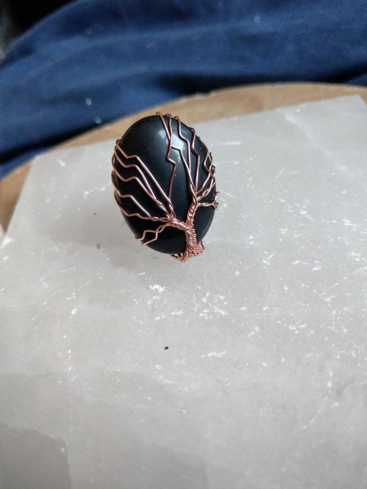 Black Obsidian adjustable ring tree of life rose gold, crystal healing witchy jewely Courage, Strength, Protection, Grief, Truth