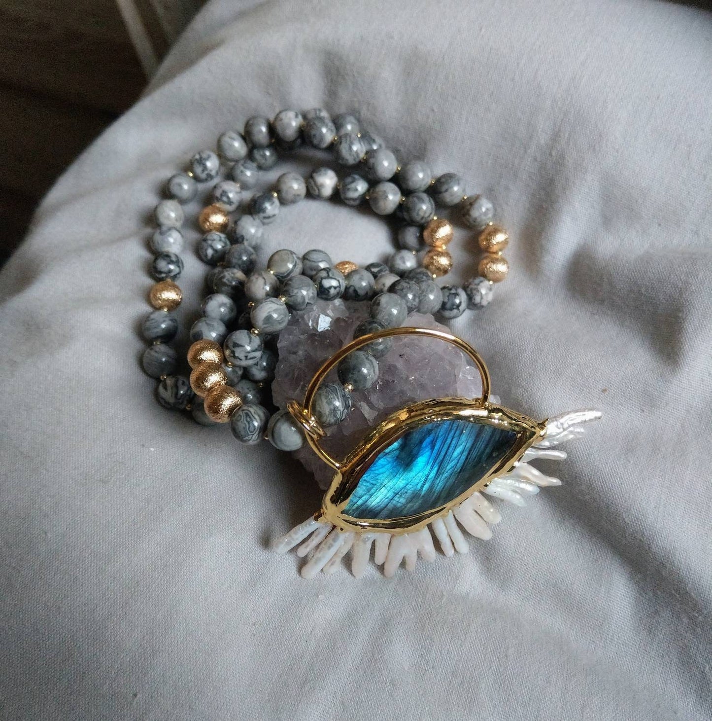 labradorite necklace with pearl evil eye pendant knotted witchy crystal healing jewellery protection jewelry for women or men