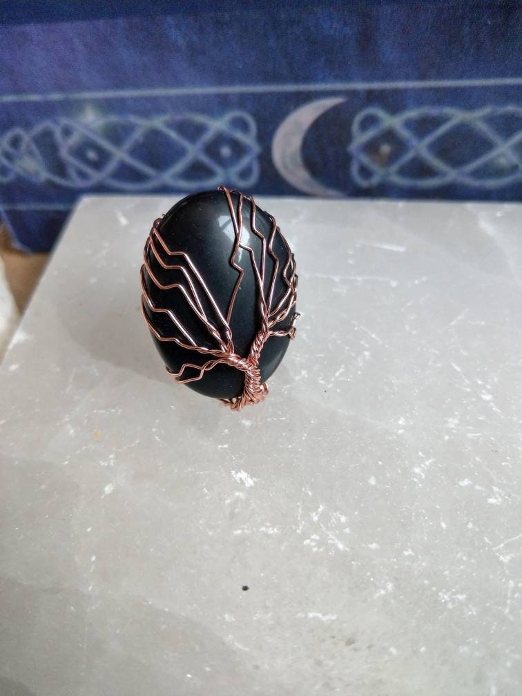 Black Obsidian adjustable ring tree of life rose gold, crystal healing witchy jewely Courage, Strength, Protection, Grief, Truth