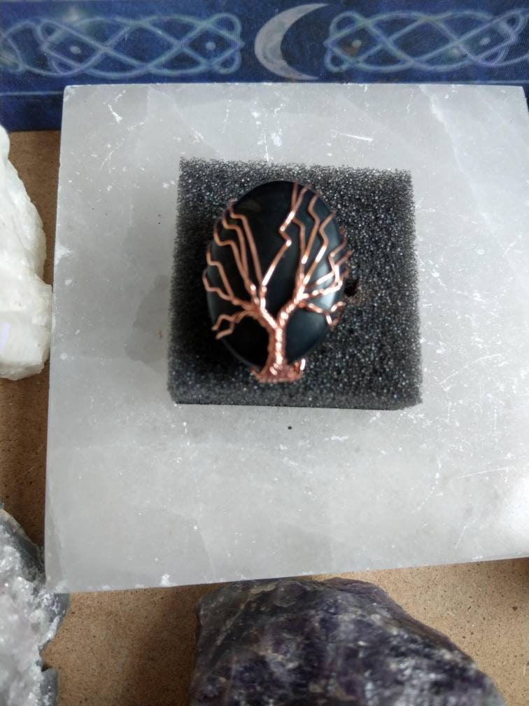 Black Obsidian adjustable ring tree of life rose gold, crystal healing witchy jewely Courage, Strength, Protection, Grief, Truth