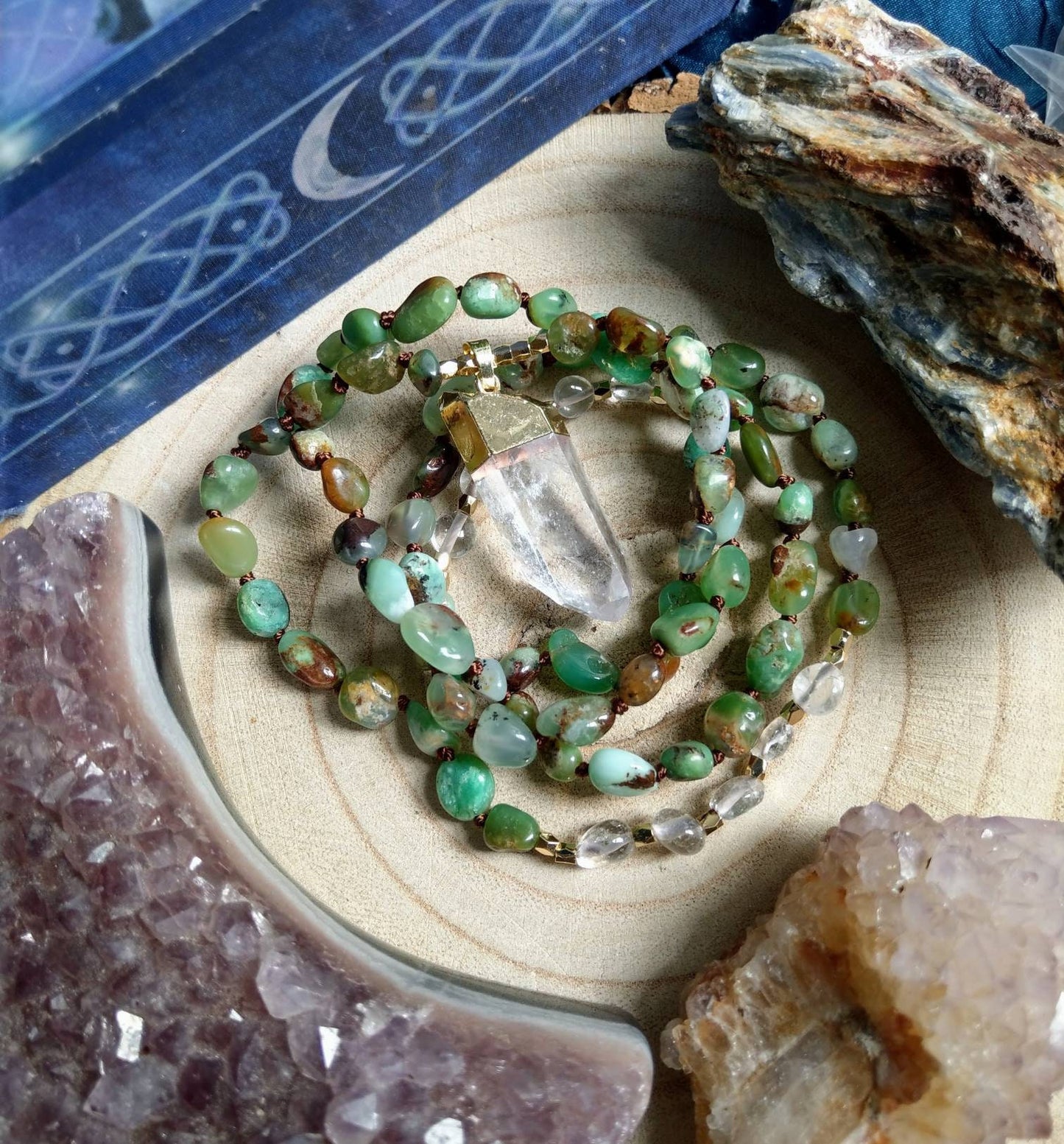 Chrysoprase necklace clear quartz point pendant crystal healing jewellery gift for him or her necklace for women or men witchy jewelry