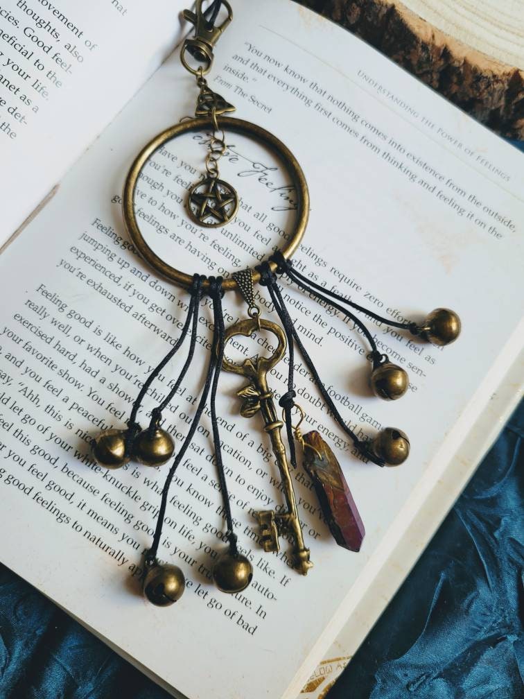 Witches Bells with Key and Angel Aura quartz or rainbow aura Point for protection Good Luck, Banish Negativity, Pagan, Wiccan