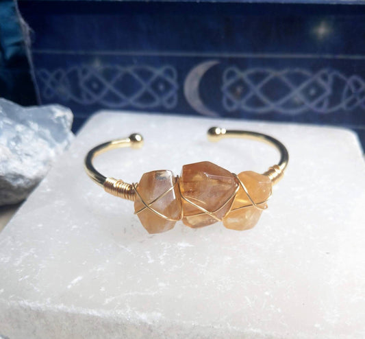 Citrine cuff bracelet wire wrapped gold crystal healing bangle natural faceted stone