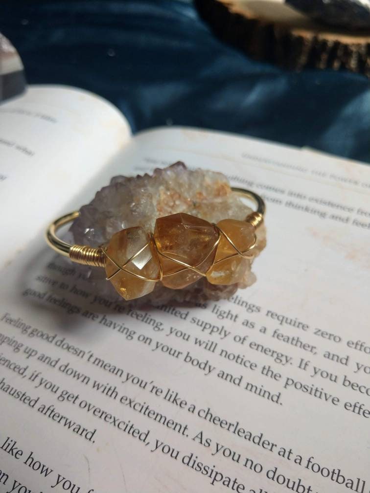 Citrine cuff bracelet wire wrapped gold crystal healing bangle natural faceted stone