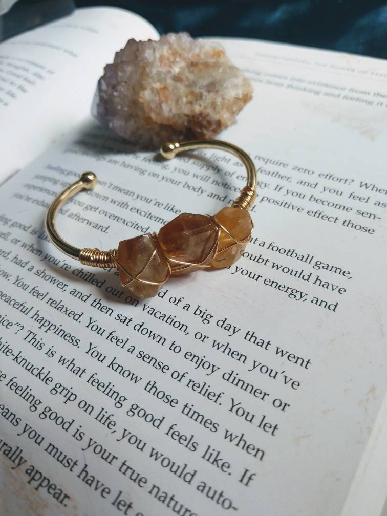 Citrine cuff bracelet wire wrapped gold crystal healing bangle natural faceted stone