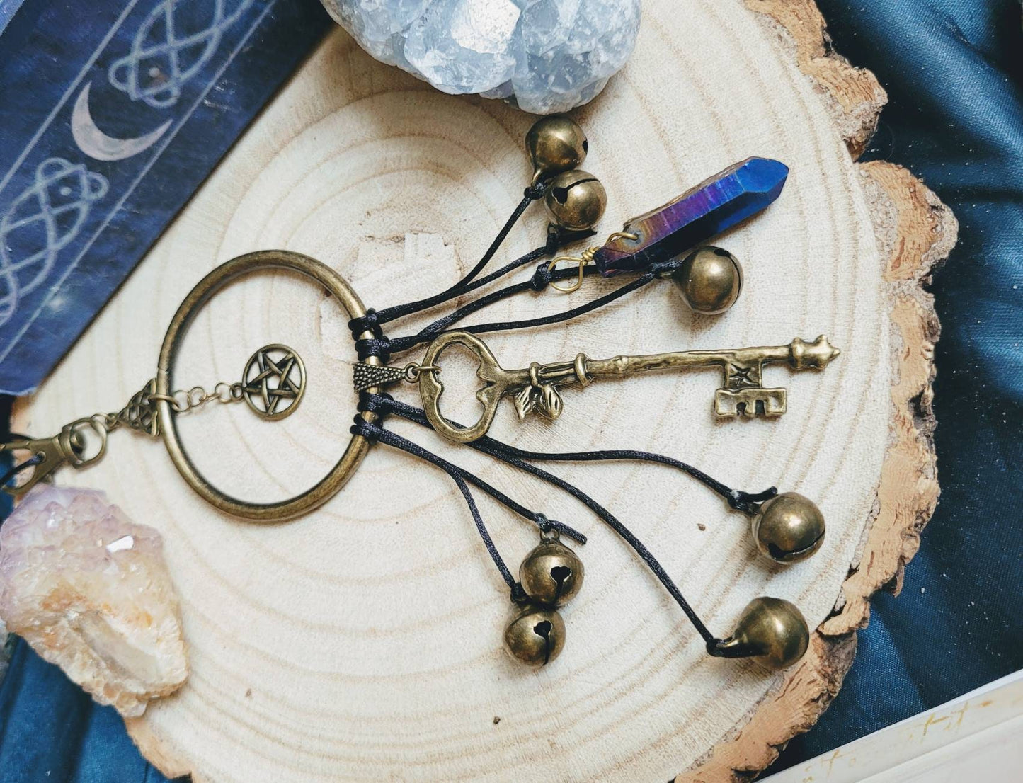Witches Bells with Key and Angel Aura quartz or rainbow aura Point for protection Good Luck, Banish Negativity, Pagan, Wiccan
