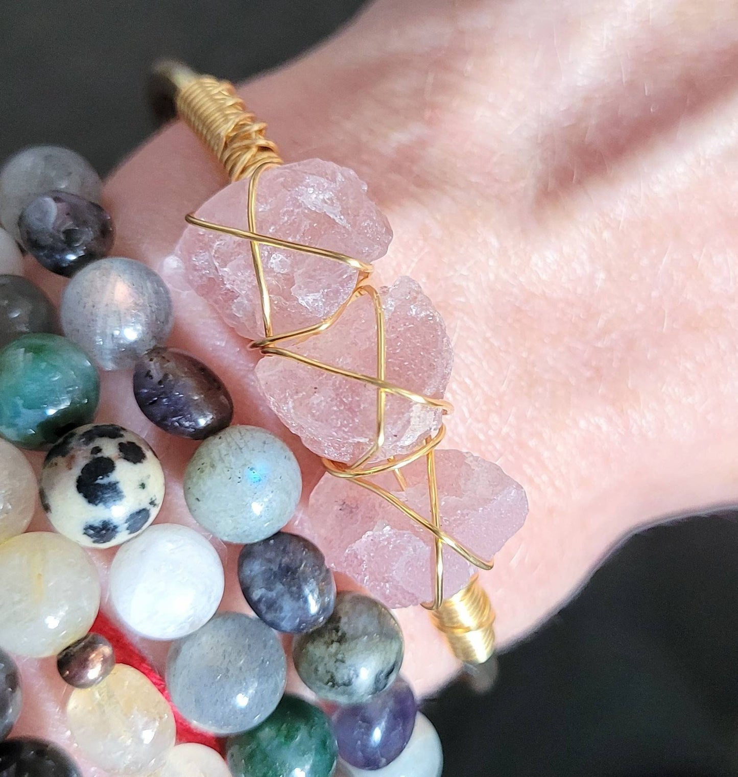 STRAWBERRY QUARTZ cuff bracelet raw stone wire wrapped crystal healing natural stone heart chakra
