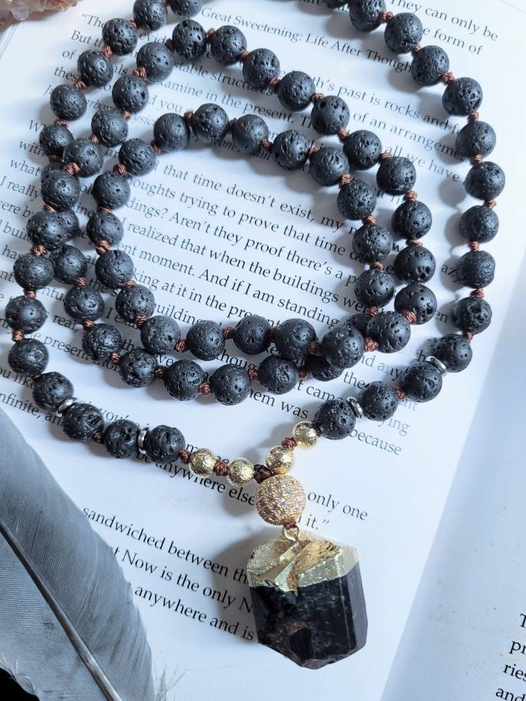 Lava stone Necklace with black tourmaline pendant 32" crystal healing- Meditation, Amplifier, Protection, Master Healer