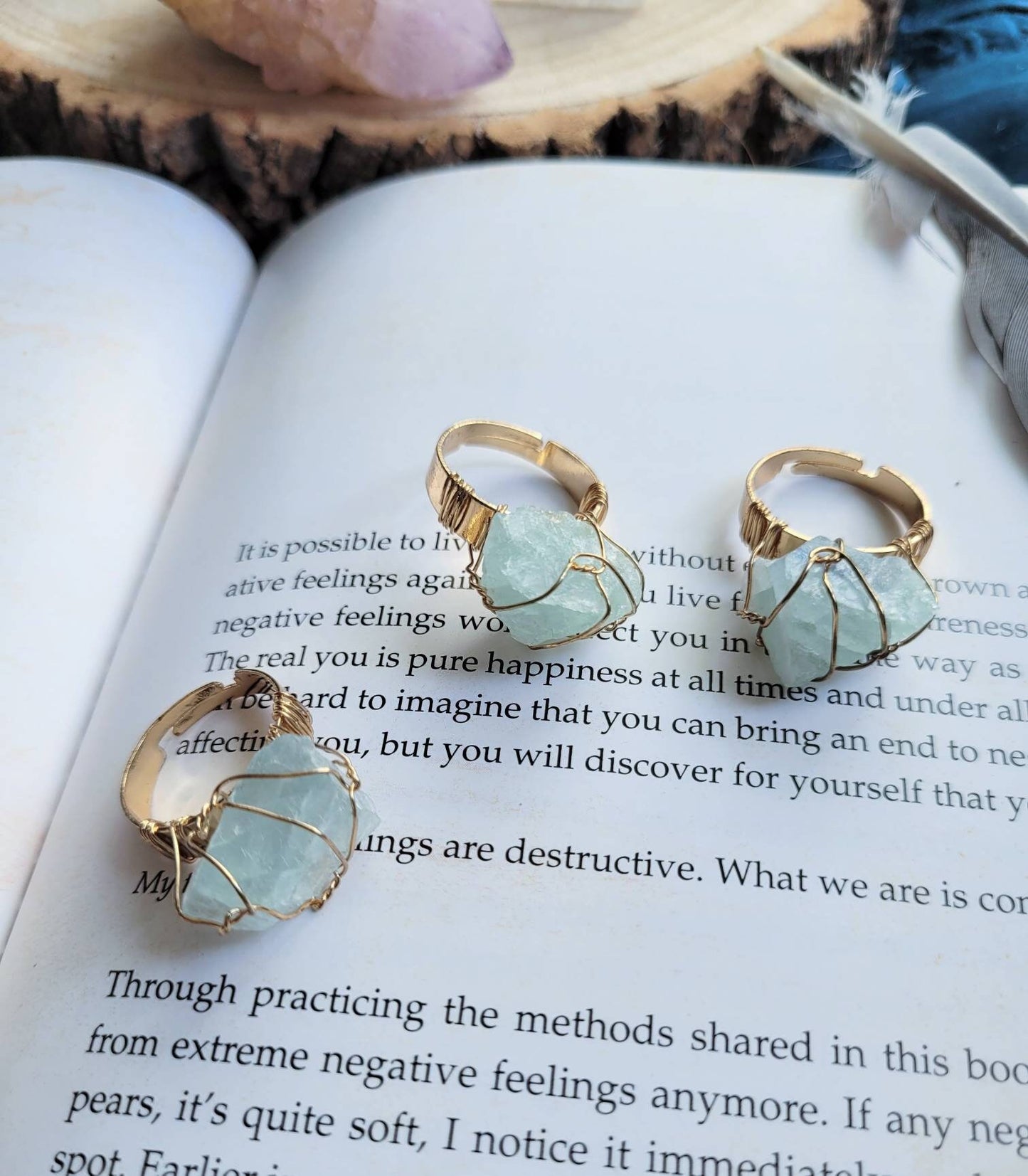 fluorite ring wire wrapped raw stone adjustable crystal healing natural stone witchy jewelry