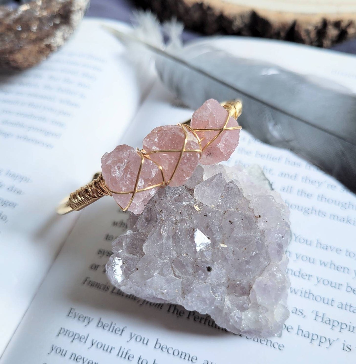 STRAWBERRY QUARTZ cuff bracelet raw stone wire wrapped crystal healing natural stone heart chakra