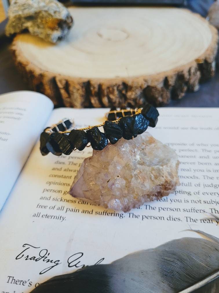 Raw Black Tourmaline bracelet cuff bangle natural stone crystal healing  - Protection, Grounding, Stability, Psychic Attack