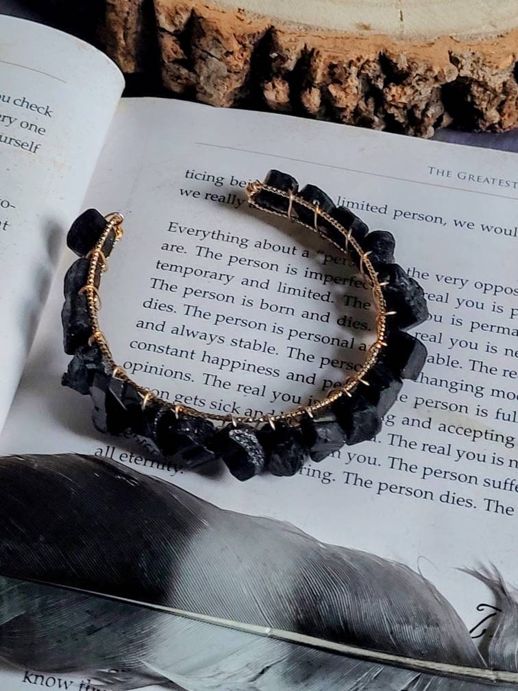 Raw Black Tourmaline bracelet cuff bangle natural stone crystal healing  - Protection, Grounding, Stability, Psychic Attack