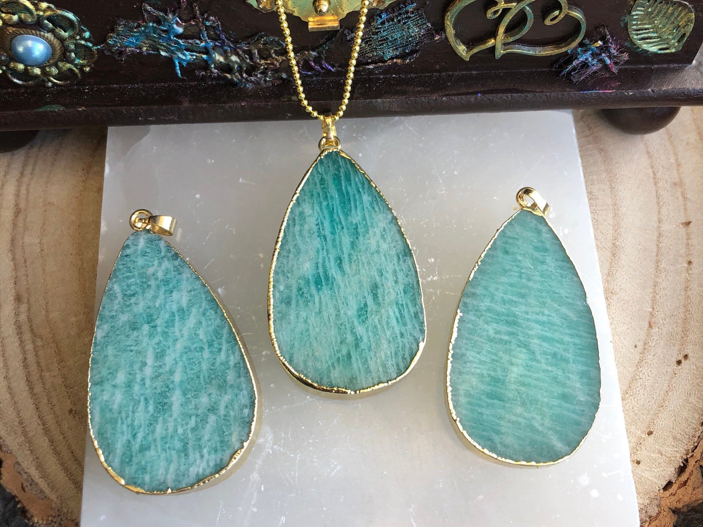 Amazonite Large Teardrop pendant necklace Natural Stone Crystal healing gift for him or her jewellery for woman and men heart chakra