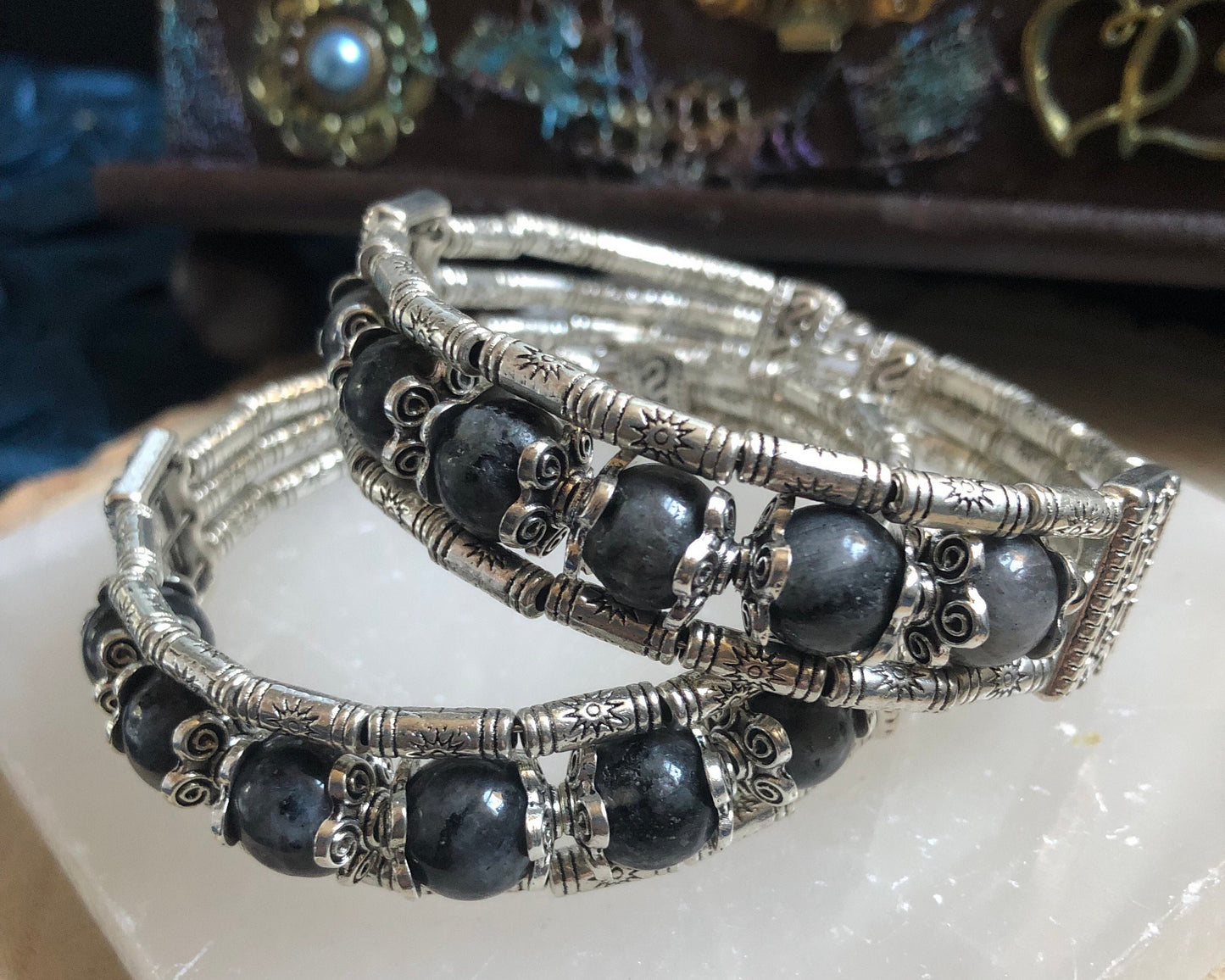Larvikite Bracelet crystal healing natural stone cuff style witchy jewellery gift for her jewelry for women