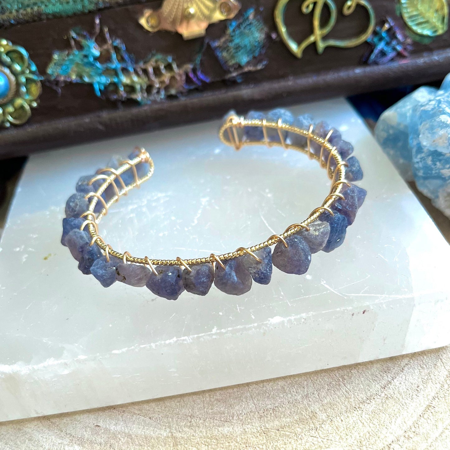 Iolite bracelet bangle adjustable cuff natural stone raw crystal jewellery