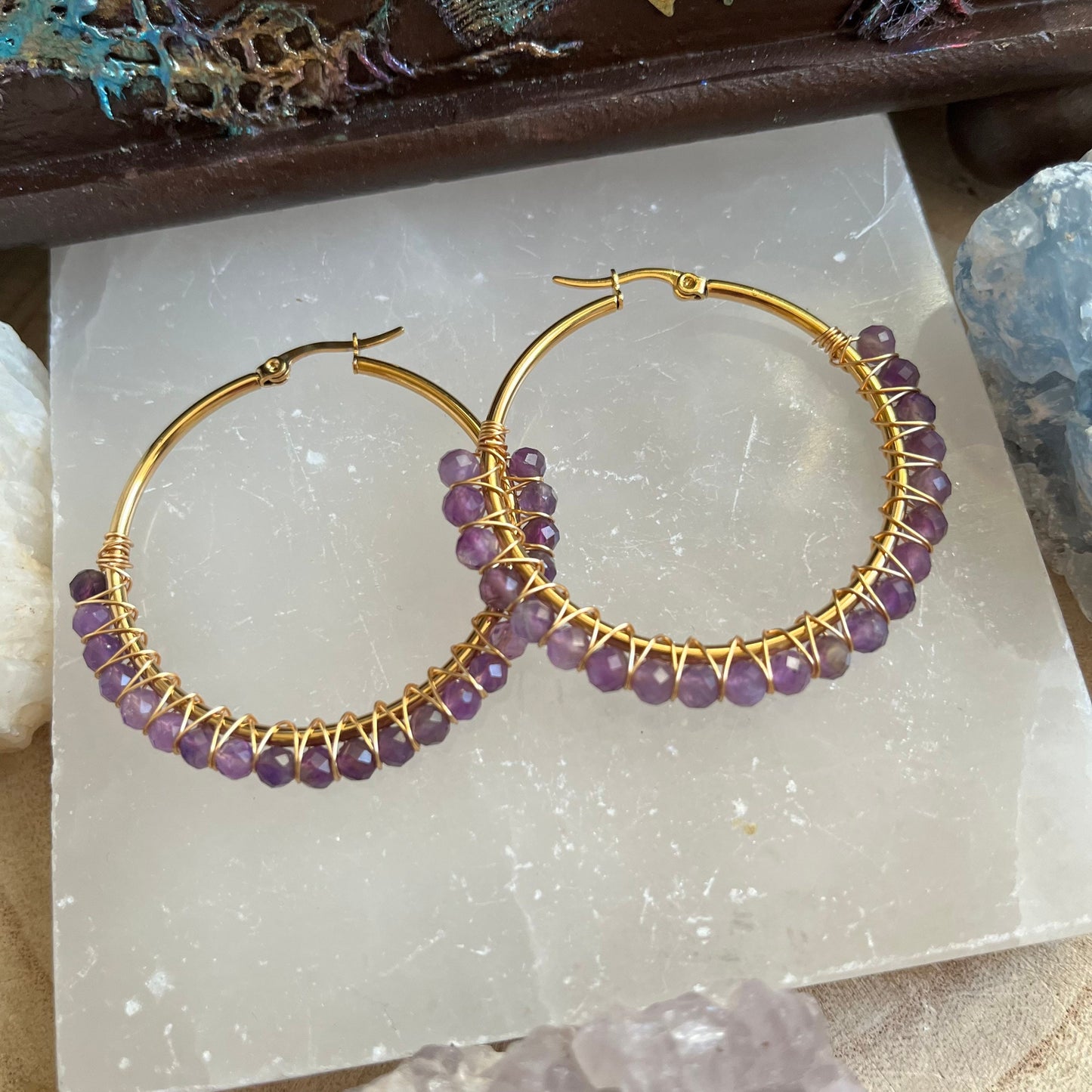 Amethyst hoop earrings Witchy crystal healing jewellery gift for her gypsy jewelry for women