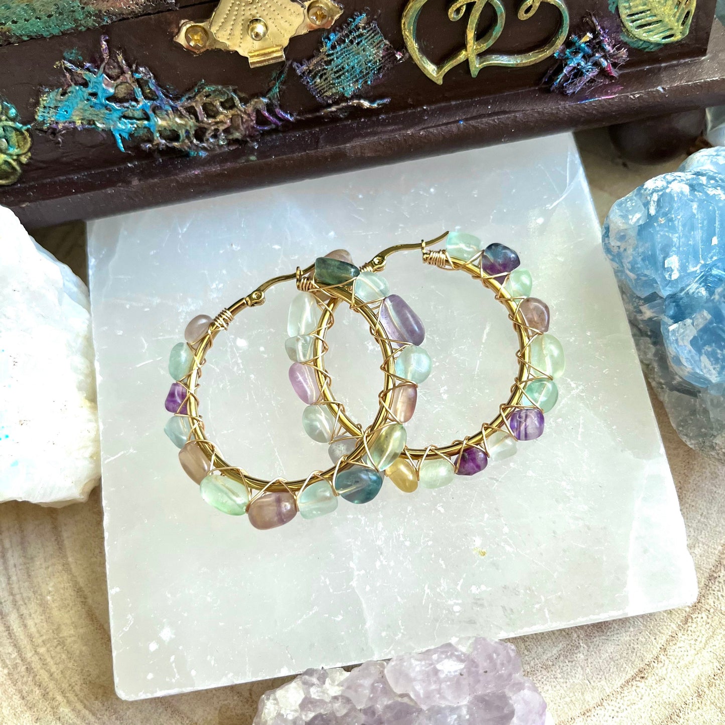 Rainbow fluorite earrings large hoop crystal healing  jewellery natural stone gemstone jewelry