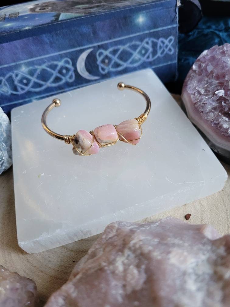 Pink opal cuff bracelet bangle wire wrapped crystal jewellery