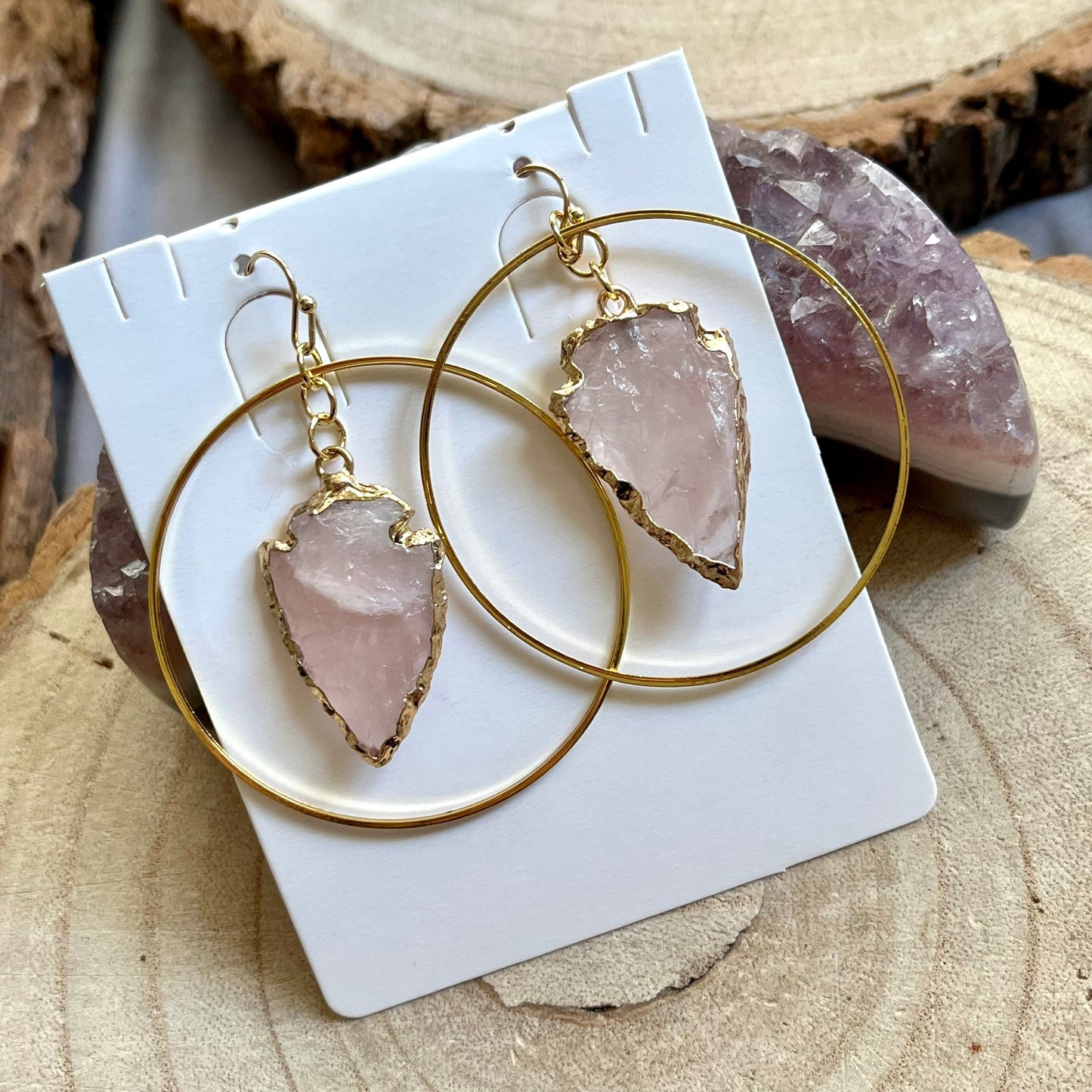 Rose Quartz Raw Arrow Head large hoop 2 inch earrings self love crystal healing natural stone