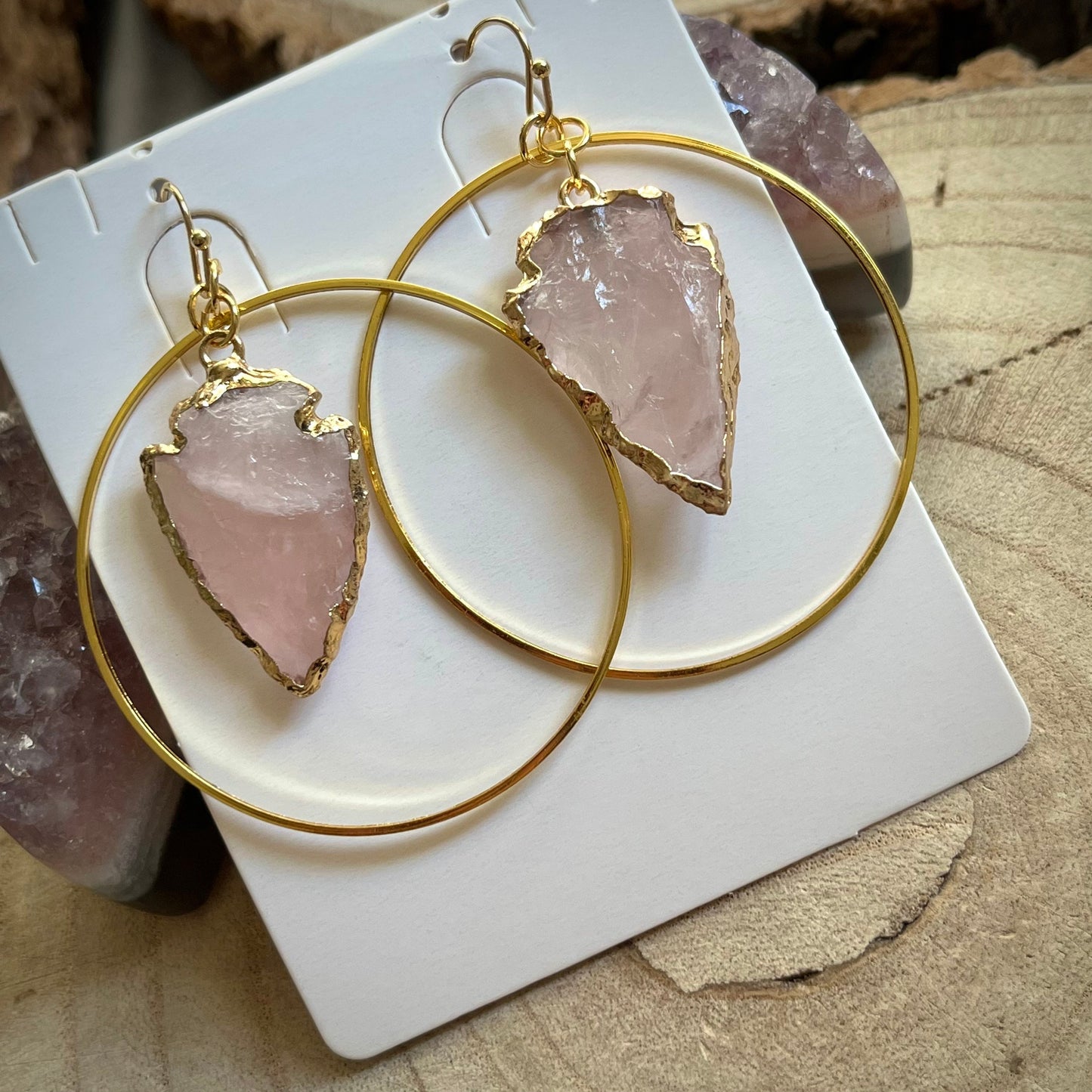 Rose Quartz Raw Arrow Head large hoop 2 inch earrings self love crystal healing natural stone