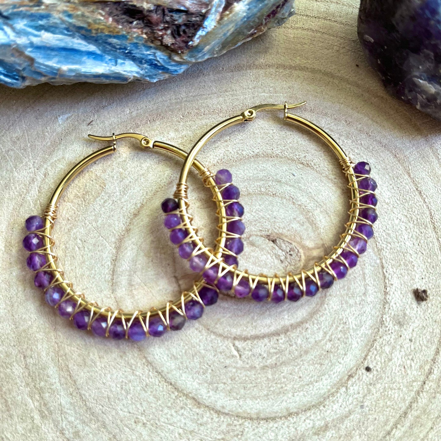 Amethyst hoop earrings Witchy crystal healing jewellery gift for her gypsy jewelry for women