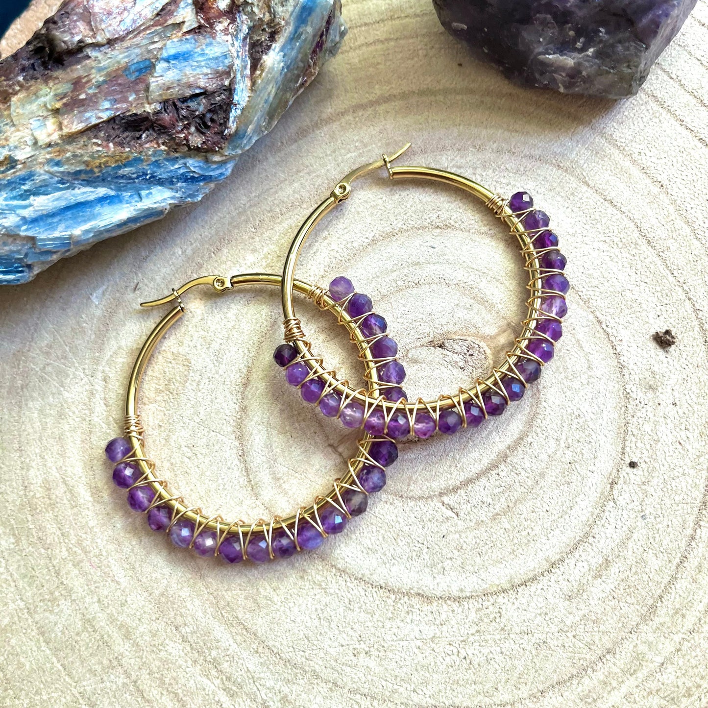 Amethyst hoop earrings Witchy crystal healing jewellery gift for her gypsy jewelry for women