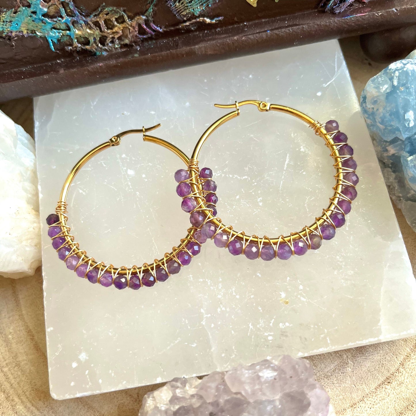 Amethyst hoop earrings Witchy crystal healing jewellery gift for her gypsy jewelry for women