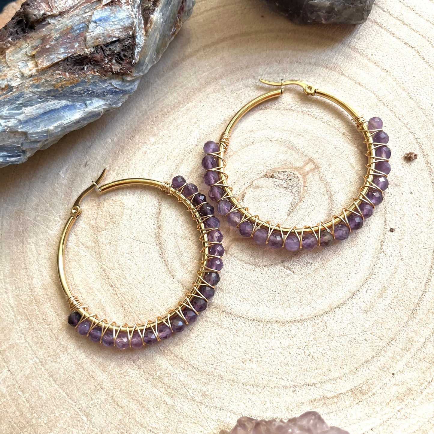 Amethyst hoop earrings Witchy crystal healing jewellery gift for her gypsy jewelry for women