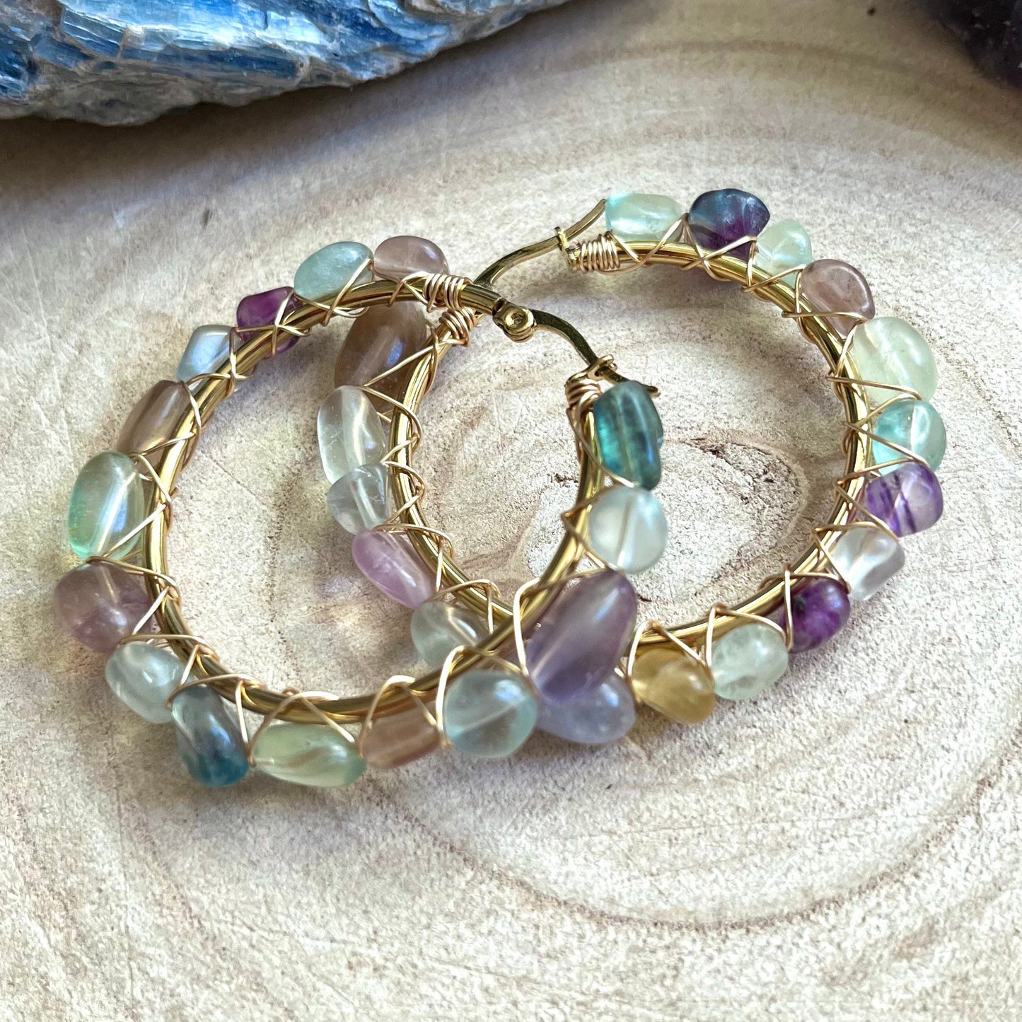 Rainbow fluorite earrings large hoop crystal healing  jewellery natural stone gemstone jewelry