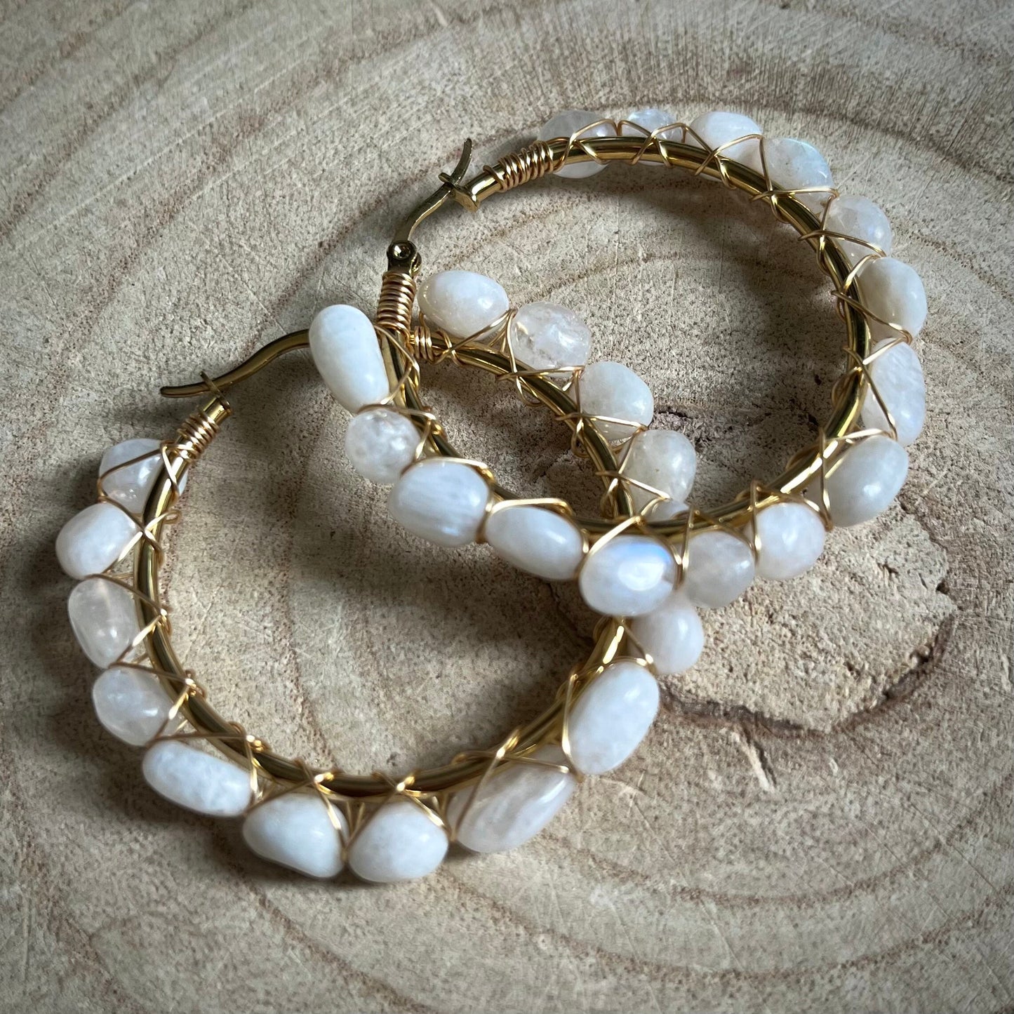 Moonstone earrings large hoop crystal healing  jewellery natural stone gemstone jewelry